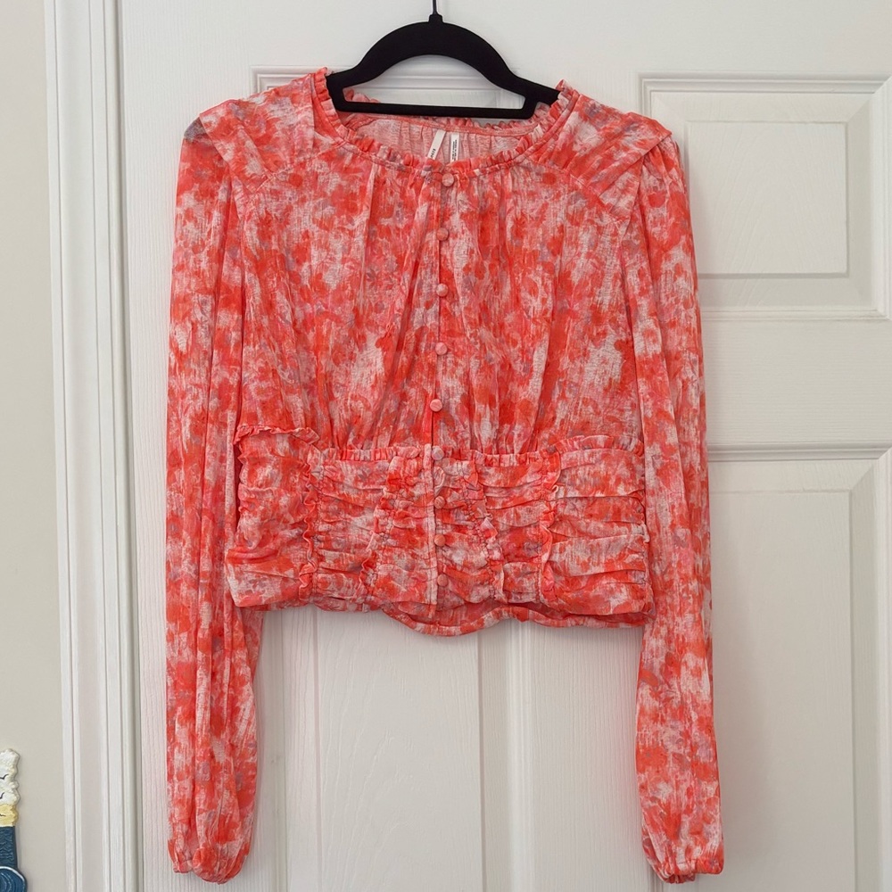 Anthropologie Femme Ruched Long Sleeve Button Down Watercolor Patterned Crop Top
